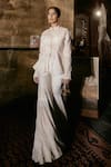 Shop_House Of Kotwara_Ivory Organza, Crepe Embroidery Round Neck Chikankari Peplum Jacket Set _at_Aza_Fashions
