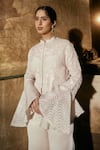 Shop_House Of Kotwara_Ivory Organza, Crepe Embroidery Round Neck Chikankari Peplum Jacket Set _Online_at_Aza_Fashions