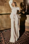 House Of Kotwara_Ivory Organza, Crepe Embroidery Round Neck Chikankari Peplum Jacket Set _at_Aza_Fashions