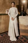 Buy_House Of Kotwara_Ivory Organza, Crepe Embroidery High Neck Chikankari Chevron Jacket Set _at_Aza_Fashions