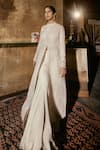 Buy_House Of Kotwara_Ivory Organza, Crepe Embroidery High Neck Chikankari Chevron Jacket Set _Online_at_Aza_Fashions