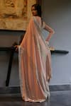 Shop_House Of Kotwara_Peach Georgette, Cotton Sequins, Embroidery Vintage Rose Art Deco Saree Set _at_Aza_Fashions