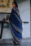 Shop_House Of Kotwara_Blue Georgette, Cotton Sequins, Beads Round Neck Royal Art Deco Saree Set _at_Aza_Fashions