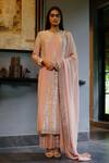 Buy_House Of Kotwara_Peach Georgette, Cotton, Silk Organza Beads, Vintage Rose Art Deco Kurta Set _at_Aza_Fashions