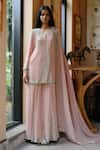 Buy_House Of Kotwara_Peach Georgette, Satin Sequins Round Neck Vintage Rose Kurta Sharara Set _at_Aza_Fashions