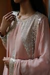 House Of Kotwara_Peach Georgette, Satin Sequins Round Neck Vintage Rose Kurta Sharara Set _at_Aza_Fashions
