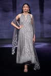 Buy_House Of Kotwara_Gray Georgette, Cotton, Silk Organza Embroidery, Cool Grey Choga Kurta Set _at_Aza_Fashions