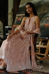 Shop_House Of Kotwara_Peach Georgette, Cotton, Silk Organza, Cambric Vintage Rose Choga Kurta Set _Online_at_Aza_Fashions