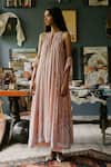 House Of Kotwara_Peach Georgette, Cotton, Silk Organza, Cambric Vintage Rose Choga Kurta Set _at_Aza_Fashions