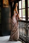 Shop_House Of Kotwara_Peach Georgette, Cotton, Cambric Sequins, Beads Dusky Rose Thunder Saree Set _at_Aza_Fashions