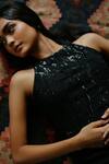 House Of Kotwara_Black Georgette Sequins, Beads High Neck Double Kurta Set _at_Aza_Fashions