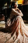 House Of Kotwara_Peach Chiffon, Crepe Sequins Round Neck Pale Rose Flat Thunder Gown _at_Aza_Fashions