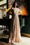 Buy_House Of Kotwara_Peach Chiffon, Crepe Sequins Round Neck Pale Rose Flat Thunder Gown _at_Aza_Fashions