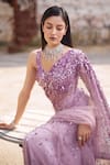 Shop_Mehul Gupta_Lavender Net Sequins V-neck Hand Embroidered Pre-draped Saree With Blouse _at_Aza_Fashions