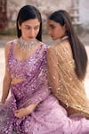 Mehul Gupta_Lavender Net Sequins V-neck Hand Embroidered Pre-draped Saree With Blouse _at_Aza_Fashions