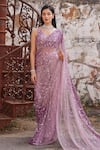 Buy_Mehul Gupta_Lavender Net Sequins V-neck Hand Embroidered Pre-draped Saree With Blouse _at_Aza_Fashions