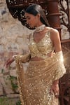Mehul Gupta_Gold Net Sequins, Embroidery V-neck Hand Pre-draped Saree Set _Online_at_Aza_Fashions