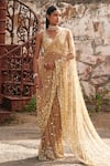 Shop_Mehul Gupta_Gold Net Sequins, Embroidery V-neck Hand Pre-draped Saree Set _at_Aza_Fashions