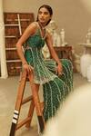 Shop_Mehul Gupta_Green Net Pearls V-neck Hand Embroidered Kurta Sharara Set _Online_at_Aza_Fashions