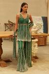 Shop_Mehul Gupta_Green Net Pearls V-neck Hand Embroidered Kurta Sharara Set _at_Aza_Fashions