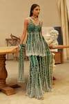 Mehul Gupta_Green Net Pearls V-neck Hand Embroidered Kurta Sharara Set _at_Aza_Fashions