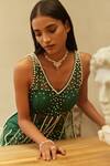 Buy_Mehul Gupta_Green Net Pearls V-neck Hand Embroidered Kurta Sharara Set 