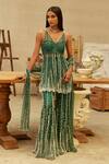 Buy_Mehul Gupta_Green Net Pearls V-neck Hand Embroidered Kurta Sharara Set _at_Aza_Fashions