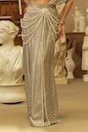 Mehul Gupta_Gray Crepe Pearls V-neck Grey Shimmer Pre-draped Saree Set _Online_at_Aza_Fashions