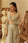 Buy_Mehul Gupta_Gray Crepe Pearls V-neck Grey Shimmer Pre-draped Saree Set _Online_at_Aza_Fashions