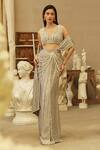 Buy_Mehul Gupta_Gray Crepe Pearls V-neck Grey Shimmer Pre-draped Saree Set _at_Aza_Fashions