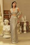 Shop_Mehul Gupta_Gray Crepe Pearls V-neck Grey Shimmer Pre-draped Saree Set _at_Aza_Fashions