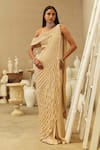 Buy_Mehul Gupta_Beige Crepe Pearls Asymmetric Gold Hand Embroidered Saree Set _at_Aza_Fashions