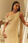 Mehul Gupta_Beige Crepe Pearls Asymmetric Gold Hand Embroidered Saree Set _Online_at_Aza_Fashions