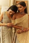 Buy_Mehul Gupta_Beige Crepe Pearls Asymmetric Gold Hand Embroidered Saree Set _Online_at_Aza_Fashions