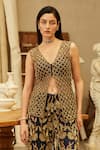 Buy_Mehul Gupta_Gold Net Embroidery V-neck And Blue Hand Kurta Sharara Set _Online_at_Aza_Fashions