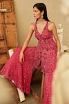 Shop_Mehul Gupta_Pink Net Sequins, Beads V-neck Hot Hand Embroidered Kurta Sharara Set _at_Aza_Fashions