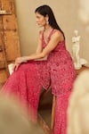 Mehul Gupta_Pink Net Sequins, Beads V-neck Hot Hand Embroidered Kurta Sharara Set _at_Aza_Fashions