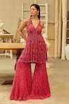 Buy_Mehul Gupta_Pink Net Sequins, Beads V-neck Hot Hand Embroidered Kurta Sharara Set _at_Aza_Fashions