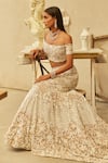 Mehul Gupta_Ivory Net Pearls, Embroidery Off-shoulder And Beige Hand Lehenga Set _at_Aza_Fashions