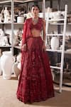 Buy_Mehul Gupta_Red Net Beads, Embroidery V-neck Hand Lehenga Set _at_Aza_Fashions