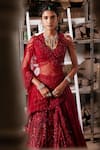 Mehul Gupta_Red Net Beads, Embroidery V-neck Hand Lehenga Set _at_Aza_Fashions
