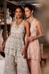 Mehul Gupta_Pink Net Embroidery, Sequins Halter Neck Baby Hand Tunic Sharara Set _at_Aza_Fashions