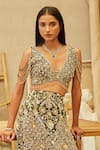 Mehul Gupta_Gold Net Beads, Embroidery Plunge Neck And Olive Hand Skirt Set _Online_at_Aza_Fashions