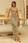 Shop_Mehul Gupta_Gold Net Beads, Embroidery Plunge Neck And Olive Hand Skirt Set _at_Aza_Fashions