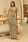Buy_Mehul Gupta_Gold Net Beads, Embroidery Plunge Neck And Olive Hand Skirt Set _at_Aza_Fashions