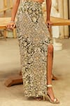 Shop_Mehul Gupta_Gold Net Beads, Embroidery Plunge Neck And Olive Hand Skirt Set _Online_at_Aza_Fashions