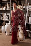 Buy_Mehul Gupta_Red Organza, Georgette Embroidery V-neck Hand Pre-draped Saree Set _at_Aza_Fashions