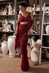Buy_Mehul Gupta_Red Organza, Georgette Embroidery V-neck Hand Pre-draped Saree Set _Online_at_Aza_Fashions