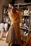 Shop_Mehul Gupta_Gold Net, Organza Beads, Sequins, Embroidery V-neck Hand Lehenga Set _at_Aza_Fashions