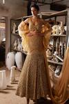 Buy_Mehul Gupta_Gold Net, Organza Beads, Sequins, Embroidery V-neck Hand Lehenga Set _at_Aza_Fashions